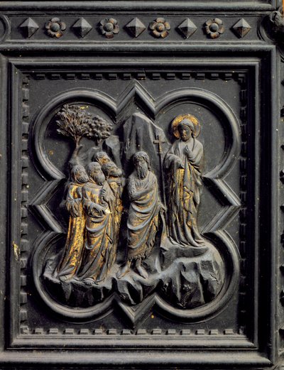 St John the Baptist Announces Christ, eighth panel of the South Doors of the Baptistery of San Giovanni, 1336 by Andrea Pisano